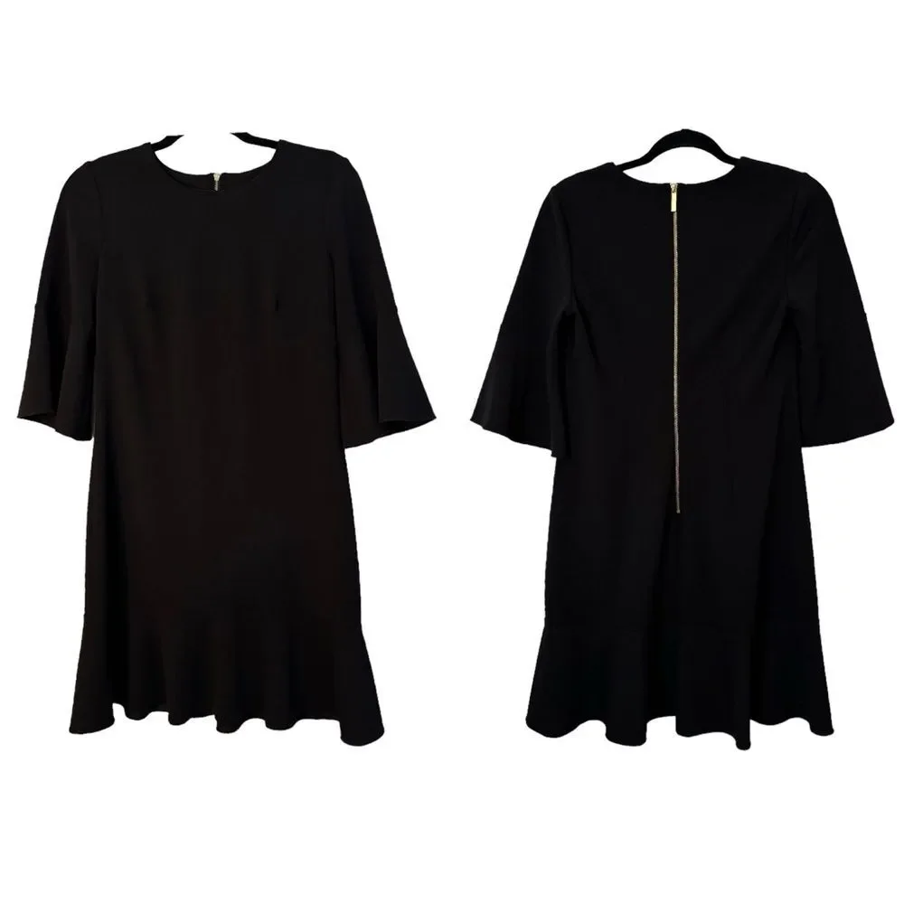 ELLEN TRACY Woman's Size 6 Black Bell Sleeve Ruffle Hem Exposed Back Zipper